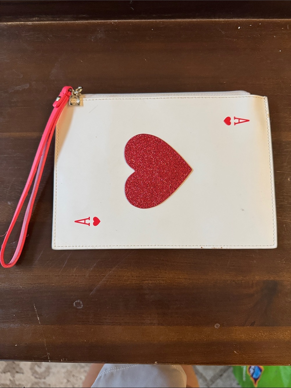 kate spade White Wristlet with Red Glitter Heart and Pink Strap